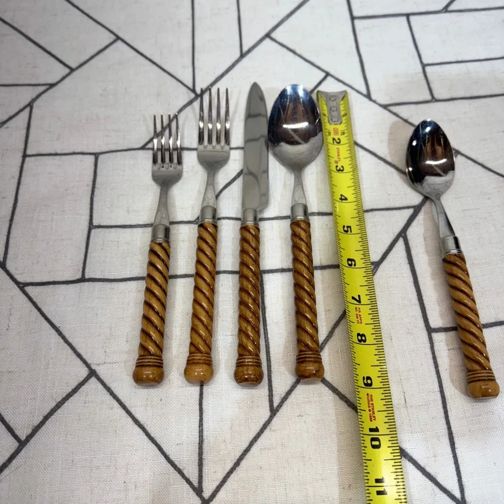 Flatware Set 20pc Brown Faux Wood Rope Twist Handle Stainless Service 4 no Brand